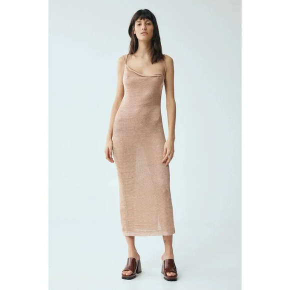 Third Form Heavy Metal Knit Slip Dress in Rose Gold 2 Womens Midi Semi Sheer - Picture 14 of 16